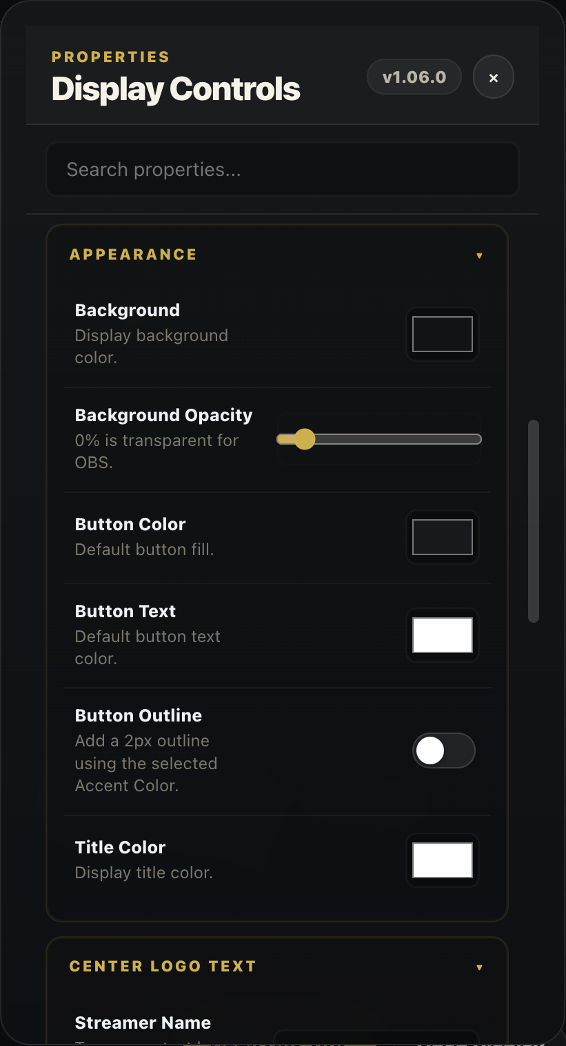 Ureka Stream Studio Display Controls showing appearance and branding settings