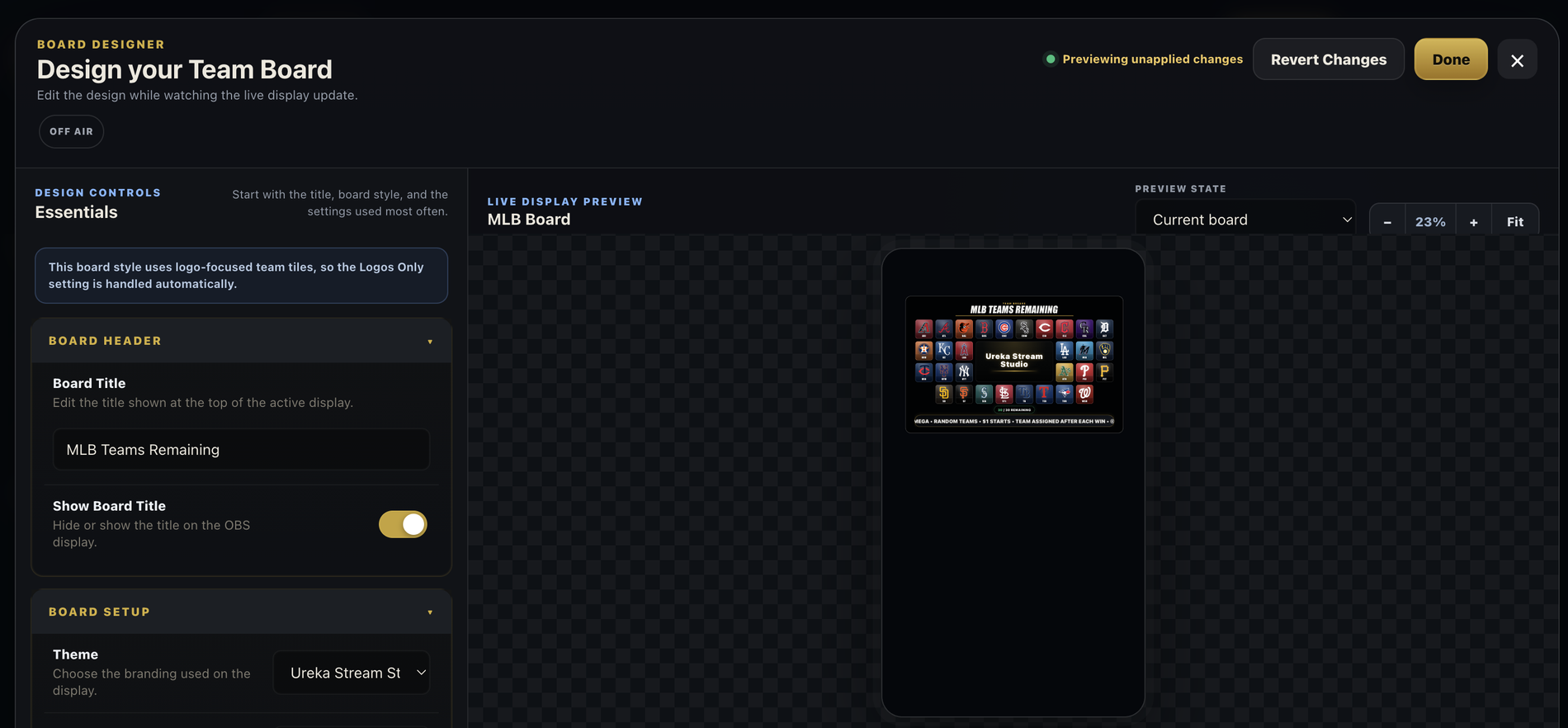 Ureka Studio Board Designer showing the board title and theme controls next to the live 1080×1920 display preview